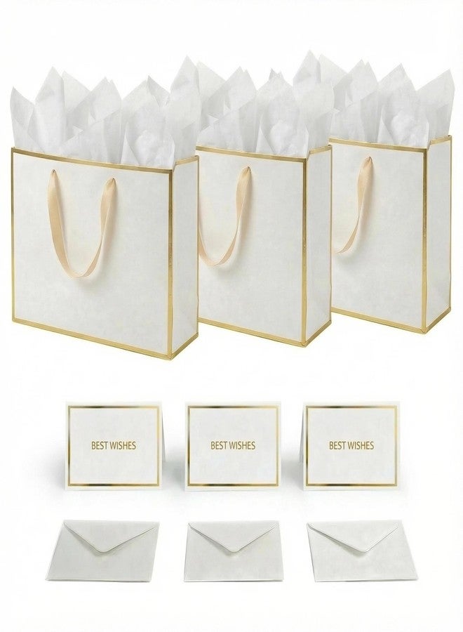JUNESHE XL Large White and Gold Gift Bags Set of 3, 15.7 inch Paper Bag with Handles Matching Card Envelope Sticker White Tissue Paper for Party Shopping Birthday Wedding Anniversary - Image 1